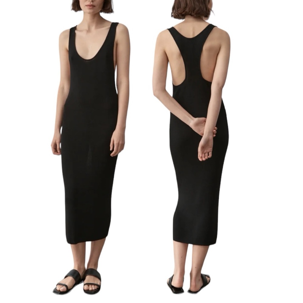 St Agni Plunge Neck Knit Dress Small Black Midi